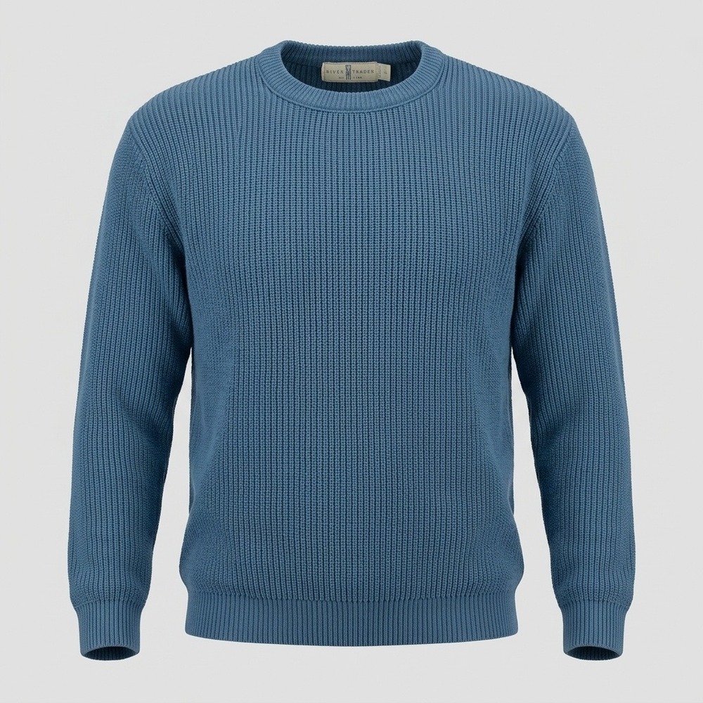 River Trader Men L Blue Sweater Pullover Shaker Knit Cotton Vintage USA Made